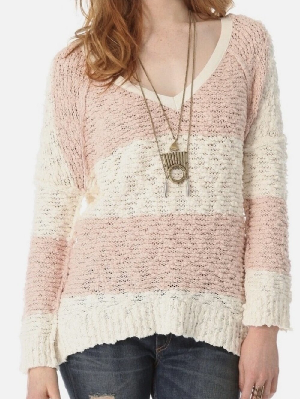 Free People Striped V-Neck Sweater - Cream & Blush Pink